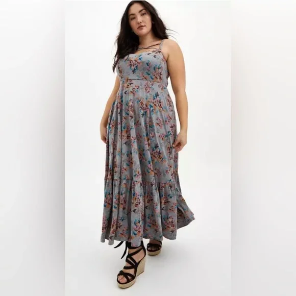 *Torrid Maxi Jersey Tiered Strappy Dress Grey Floral Size 2  2X - Picture 2 of 11